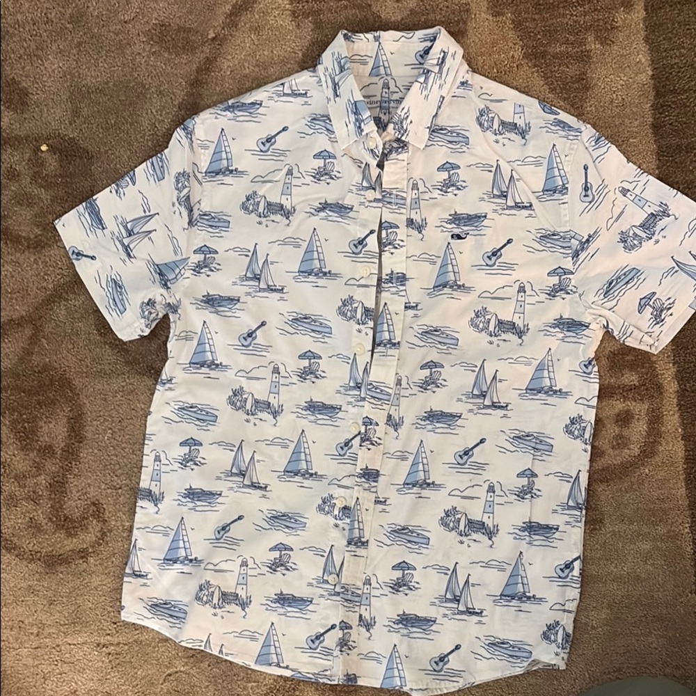 Boys vineyard vines cotton white blue summer short button-down collared shirt